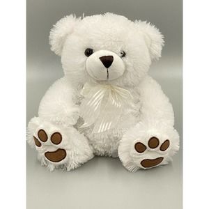 12” White Sitting Teddy Bear W/ Cream Colored Bow Brown Bear paws Stuffed Animal
